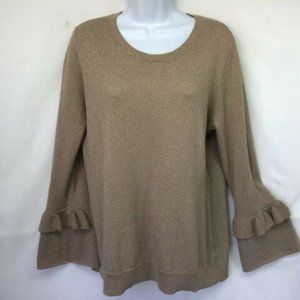 Michael Kors Women's Sweater Brown Gold Metallic Popover Lg Sleeve Sweater Lge